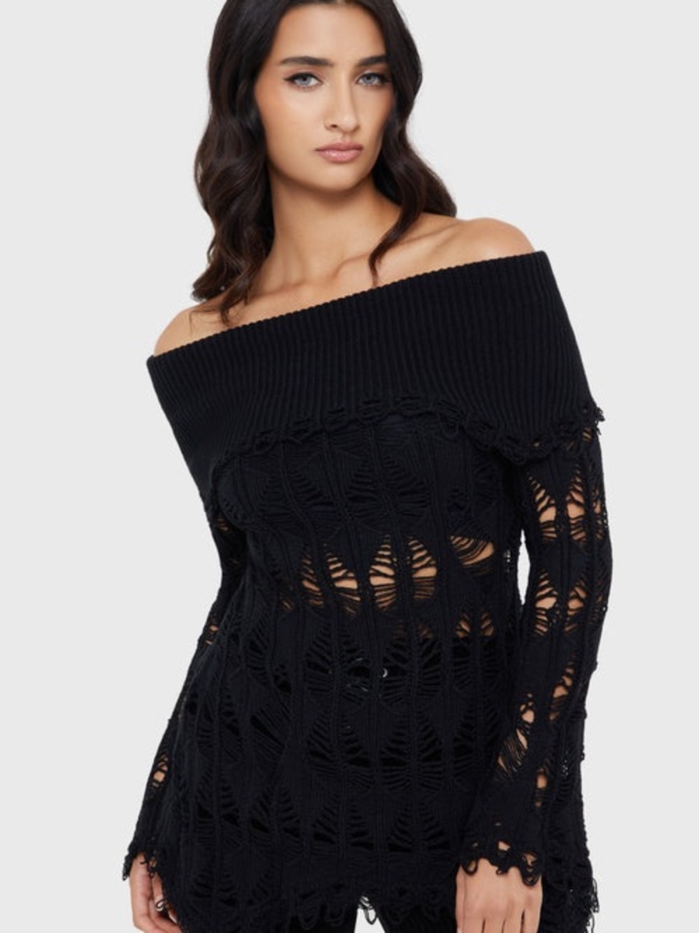 Killstar Black Off-Shoulder Crochet Knit Sweater